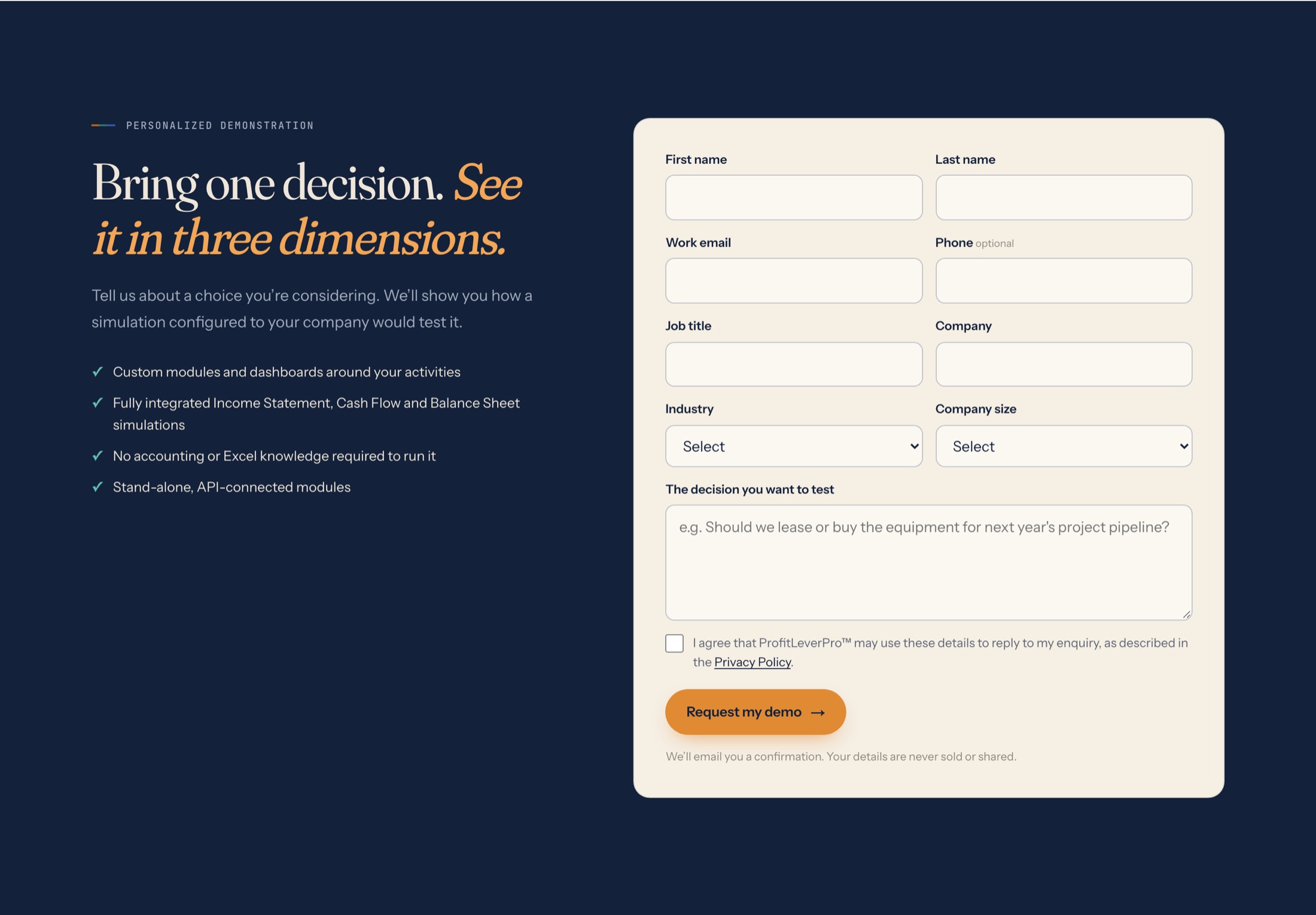 Demo request section headed 'Bring one decision. See it in three dimensions.' with a form for name, work email, phone, job title, company, industry, company size and the decision to test