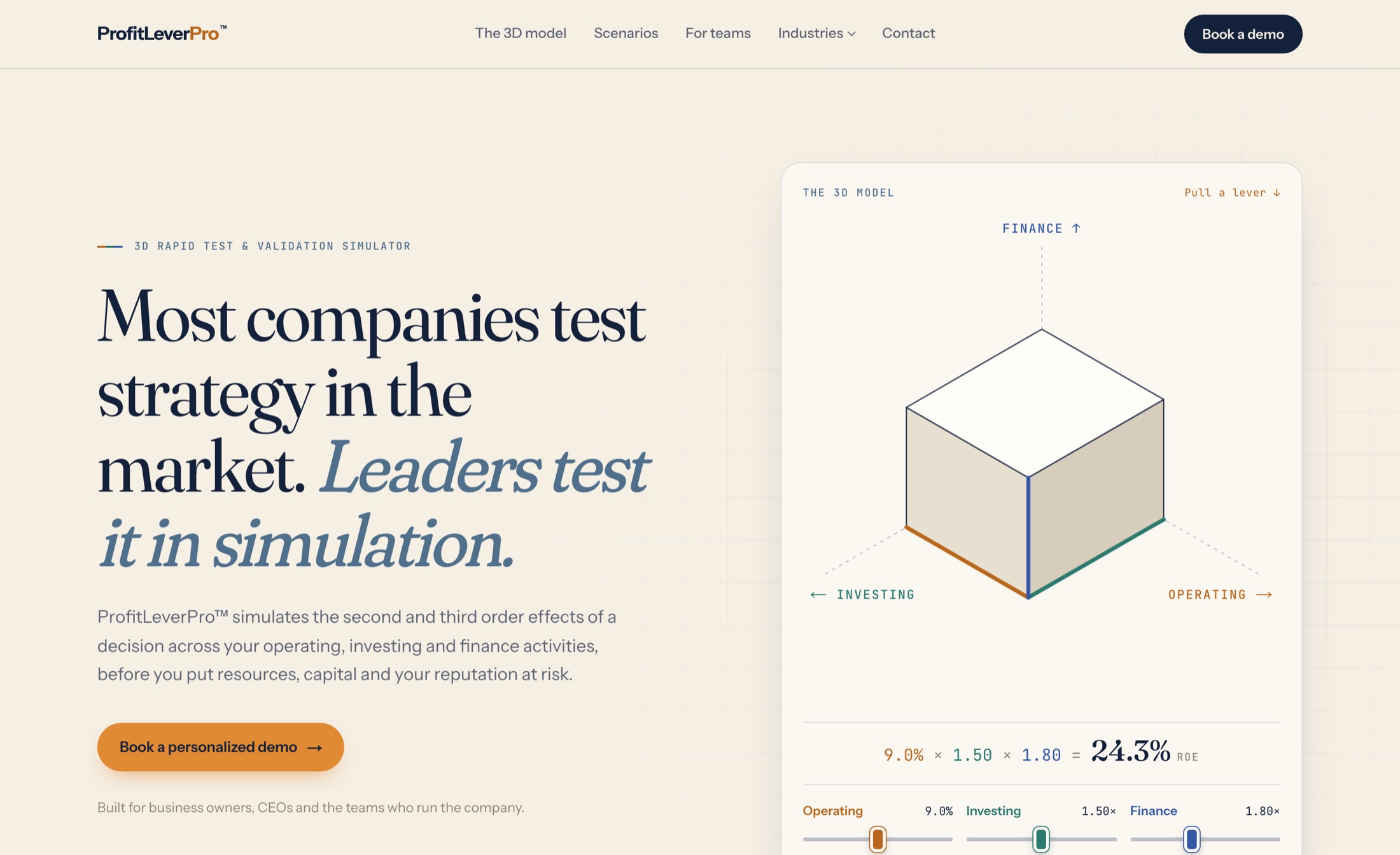 ProfitLeverPro homepage: the headline 'Most companies test strategy in the market. Leaders test it in simulation.' beside an interactive 3D model with operating, investing and finance sliders