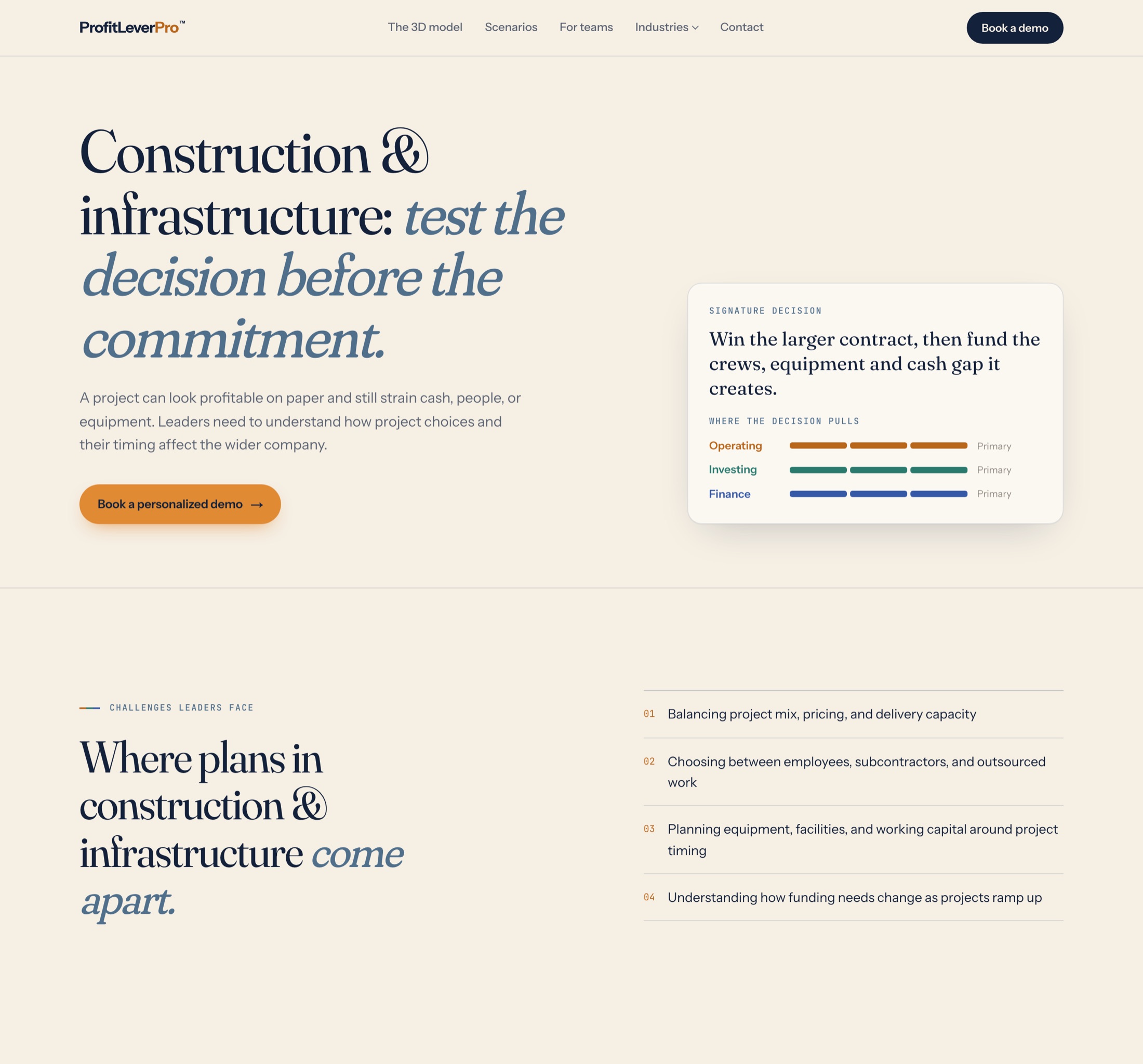 Top of the Construction & infrastructure page: headline 'test the decision before the commitment', a signature decision card, and a list of four challenges leaders face