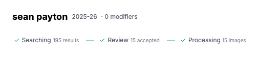 Search run for one coach and season: 195 results found, 15 accepted in review, 15 images processed, ready to download
